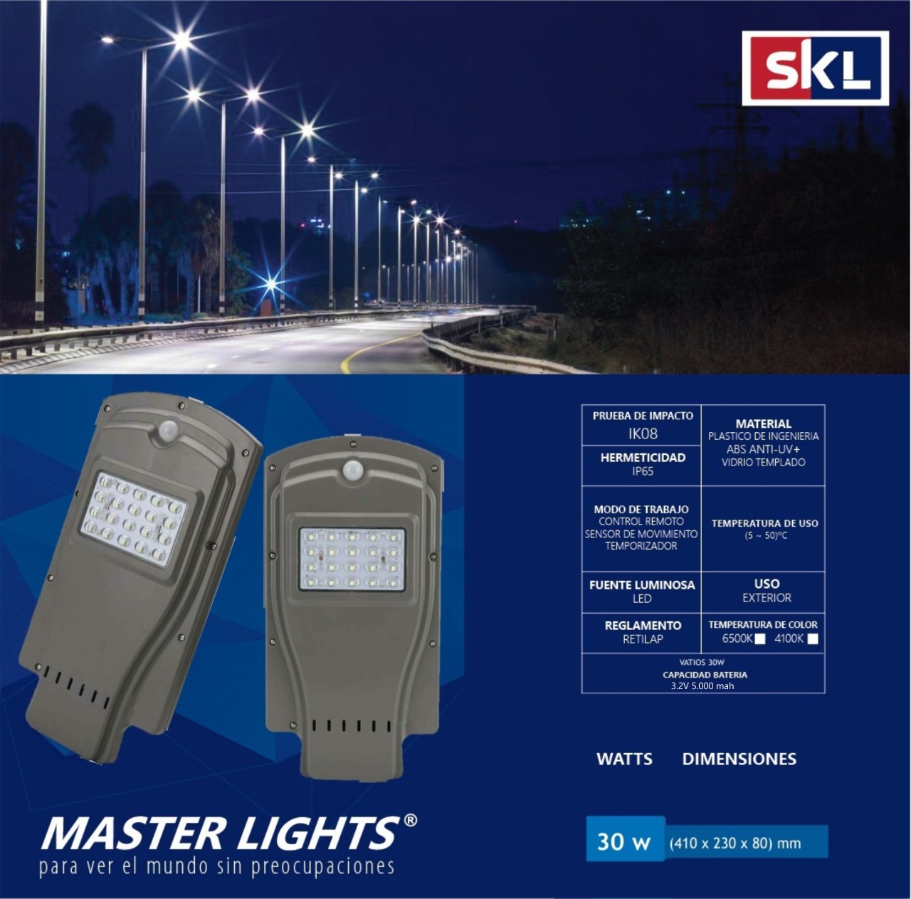 Luminaria Solar de Calle 30W 5Ah con Sensor